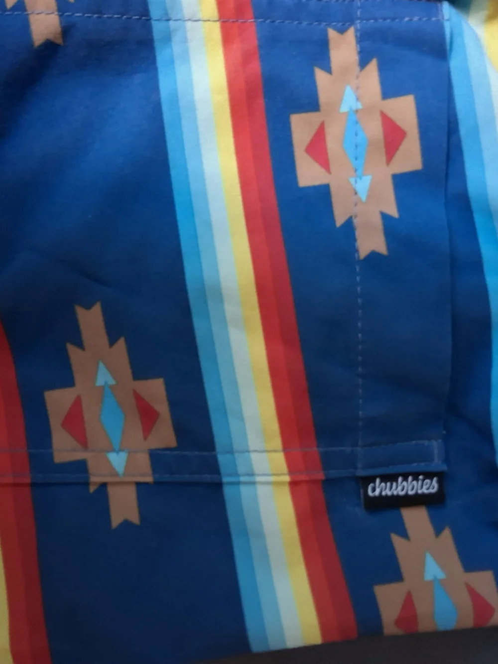 chubbies Navy Swim Trunks with Rainbow Stripes and Aztec Motif
